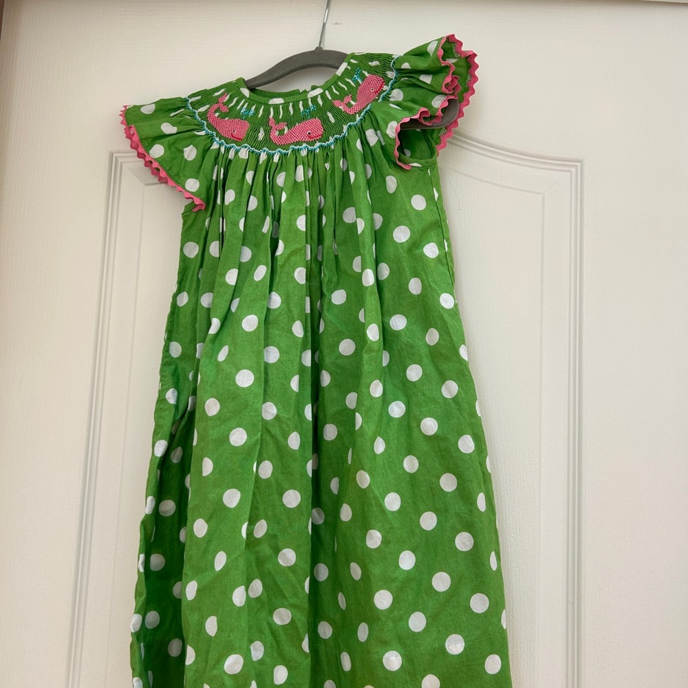 Green Polka Dot Kids Smocked Dress
